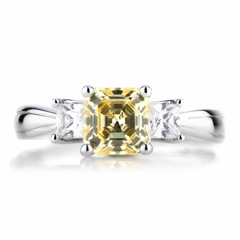 Three Stone Asscher Simulated Canary CZ Ring