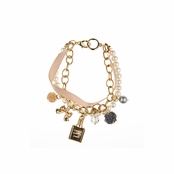 Benicia's Rose Goldtone and Imitation Pearl Designer Inspired Charm Bracelet