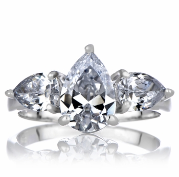 Pear Cut 3.5 TCW Three stone Silvertone Engagement Ring