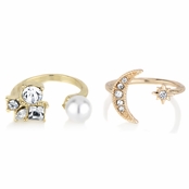 Cindy's Goldtone Adjustable Ring Set - Imitation Pearl Cluster & Star/Moon