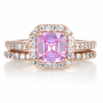 Devon's Pink Asscher Cut CZ Wedding Ring Set - Rose Goldtone