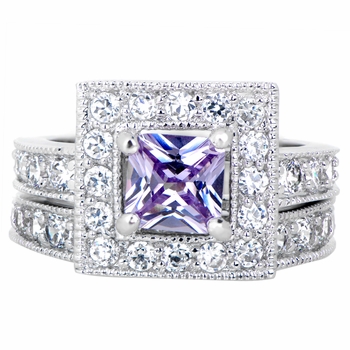 Diona's Princess Cut Purple CZ Wedding Ring Set