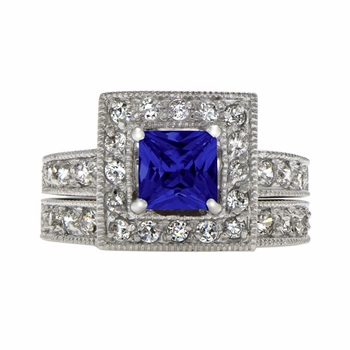 Diona's Princess Cut Blue CZ Wedding Ring Set