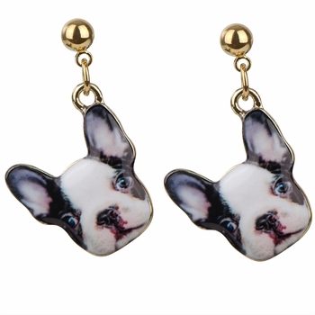 Gold tone French Bulldog Dangle Earrings - Black and White