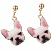 Gold tone French Bulldog Dangle Earrings - White