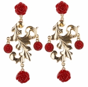 Honey's Goldtone and Red Rose Chandelier Earrings