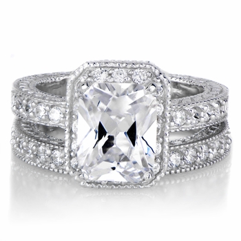Vintage Emerald Cut CZ Wedding Ring Set - Petite 2.5 Carats