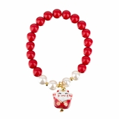 Lucky Cat Ceramic Beaded Friendship Bracelet - Red & White