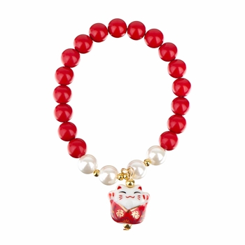 Lucky Cat Ceramic Beaded Friendship Bracelet - Red & White