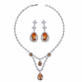 Marsha's Fancy CZ Pear Drop Necklace and Earring Set - Champagne