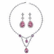 Marsha's Fancy CZ Pear Drop Necklace and Earring Set - Pink