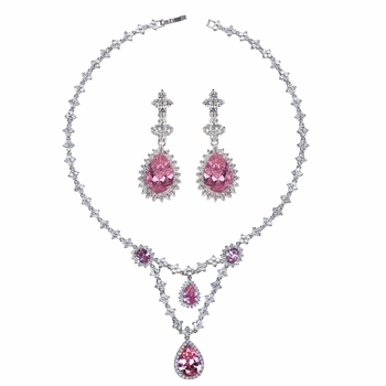Marsha's Fancy CZ Pear Drop Necklace and Earring Set - Pink