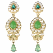 Meriel's Bollywood Style Green and Simulated Pearl Pear Drop Earrings