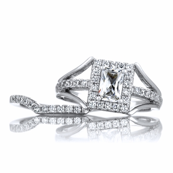 Peppin's Halo Emerald Cut CZ Wedding Ring Set