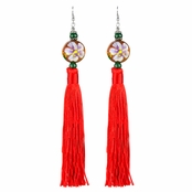 Sharon's Painted Wooden Bead and Red Tassel Earrings