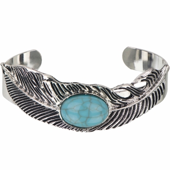 Silver tone Boho Turquoise Feather Cuff Bracelet