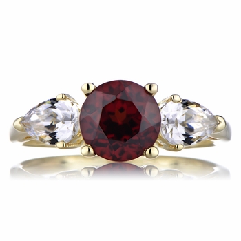 Simulated Ruby and CZ 3 Stone Engagement Ring - Goldtone